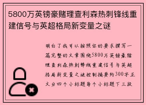 5800万英镑豪赌理查利森热刺锋线重建信号与英超格局新变量之谜