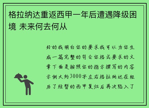 格拉纳达重返西甲一年后遭遇降级困境 未来何去何从