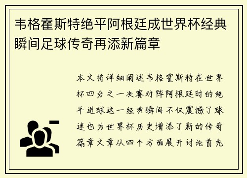 韦格霍斯特绝平阿根廷成世界杯经典瞬间足球传奇再添新篇章